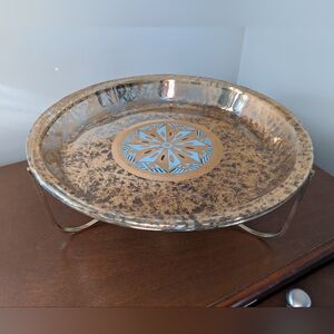 Vtg Georges Briard Pyrex Gold Turquoise Atomic Pattern Round Platter W/ Stand